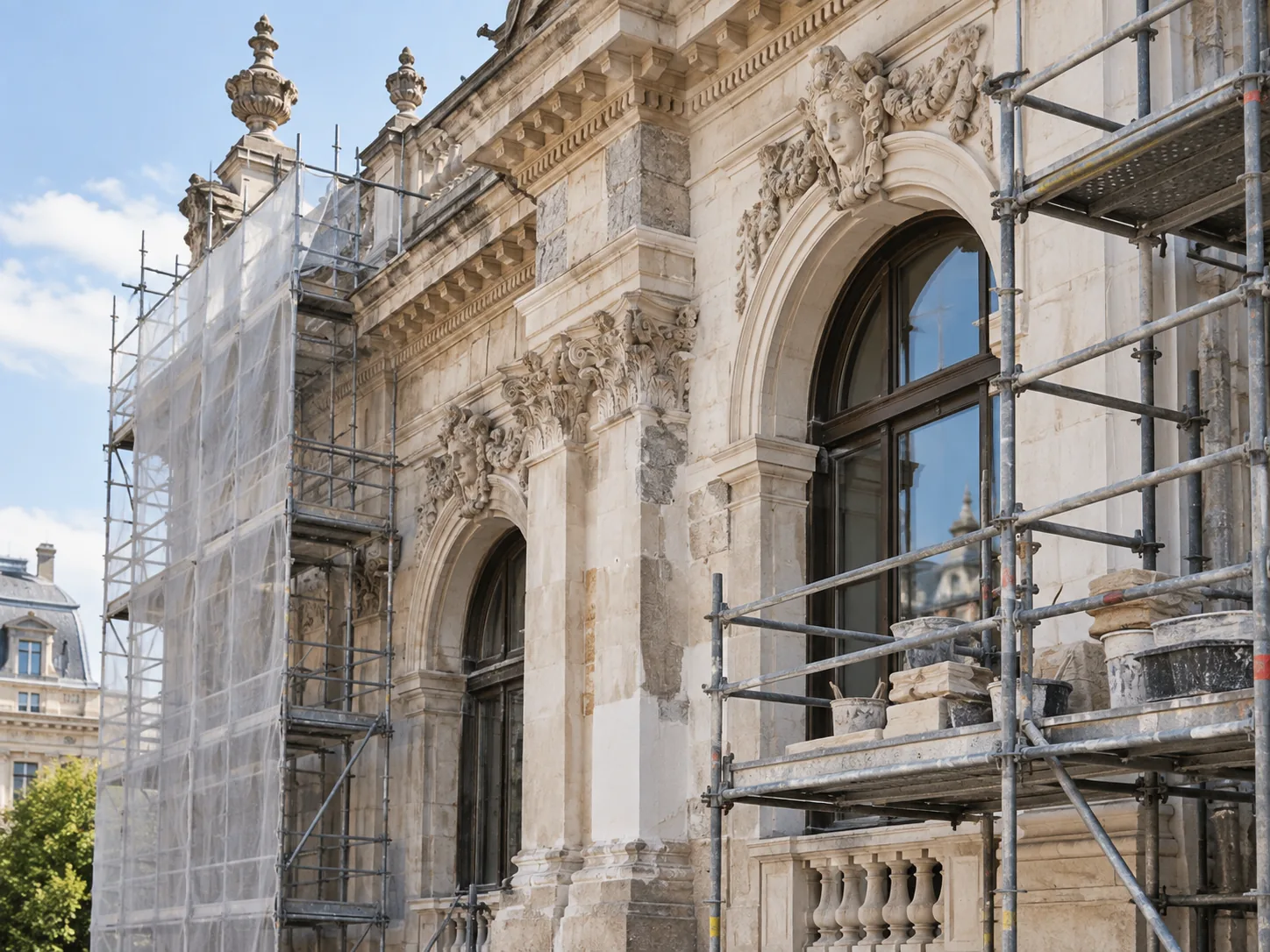Detalle de fachada de edificio comercial e histórico restaurado por Alta Group