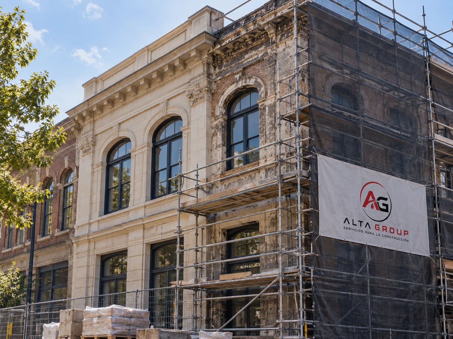 Operario de Alta Group realizando trabajos de restauración en altura sobre edificio histórico